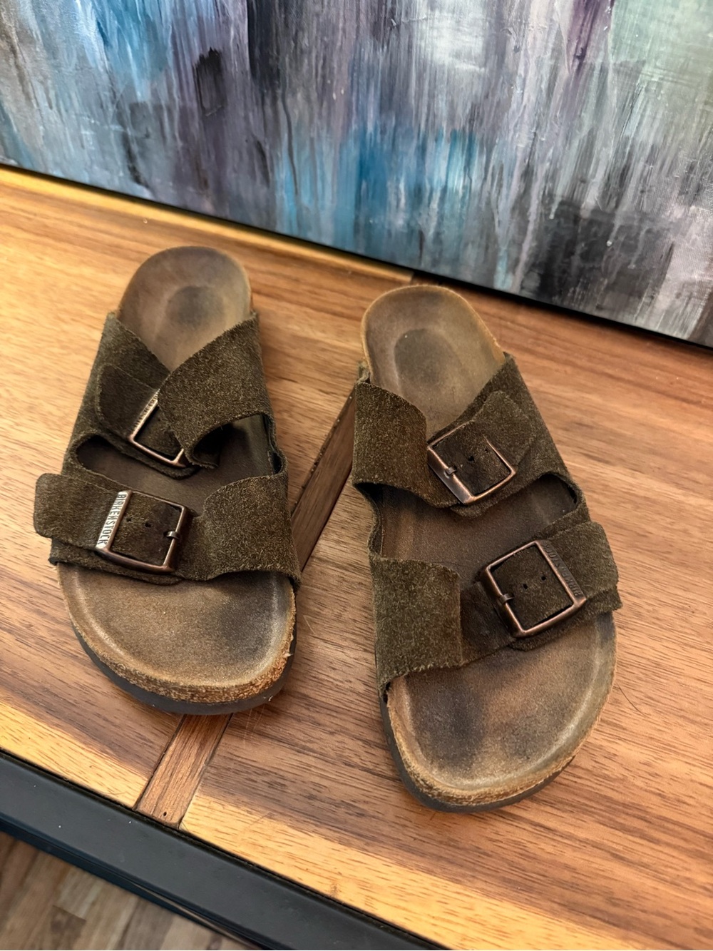 Birkenstock Men's Olive Green Suede Double Strap Slide Sandals